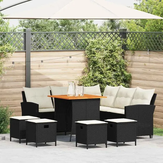 vidaXL L-formet havesofasæt 6 dele med hynder polyrattan sort
