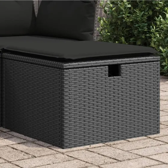 Haveskammel med hynde 55x55x37 cm polyrattan sort