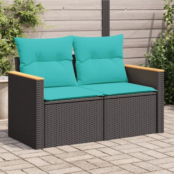 vidaXL 2-personers havesofa med hynder, sort polyrattan