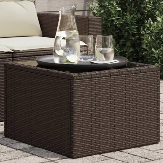 vidaXL havebord med glastop 55x55x37 cm polyrattan brun