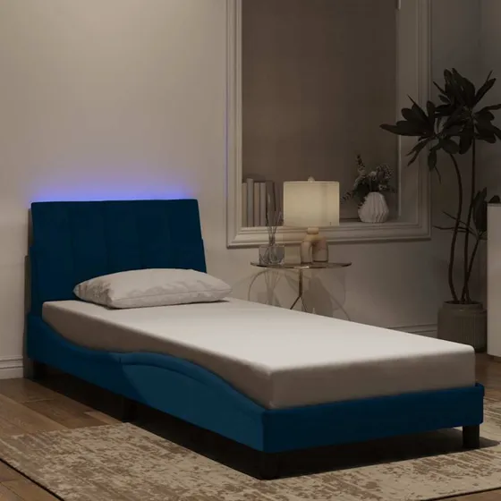 vidaXL Hanko 90x190 cm sengeramme med LED i blå velour