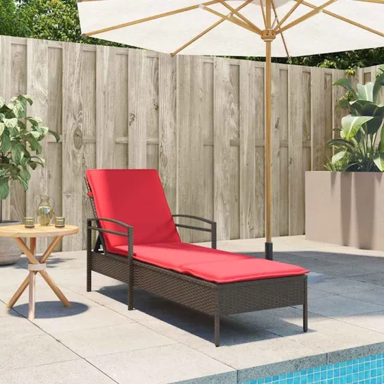 vidaXL Solstol med pude, 1-person, brun, 63x200x81 cm, polyrattan