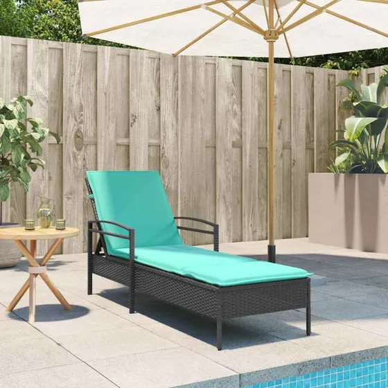 vidaXL Solstol med pude, 1-person, sort, 63x200x81 cm, polyrattan