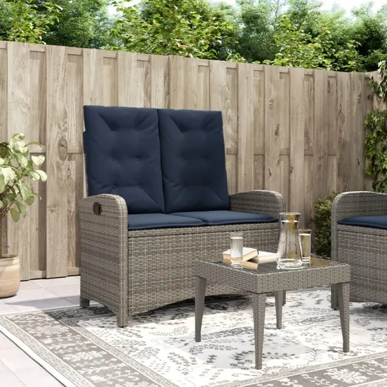 vidaXL havebænk med hynder og lænefunktion, polyrattan grå