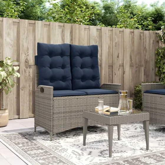 vidaXL havebænk med hynder og justerbart ryglæn, polyrattan grå