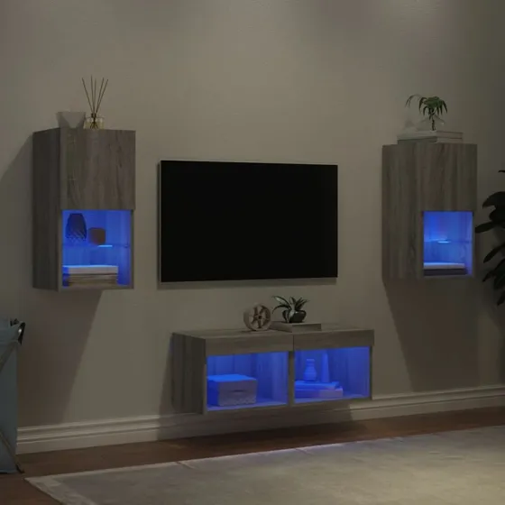 vidaXL tv-møbel til væg med LED-lys, grå sonoma-eg, 4 dele