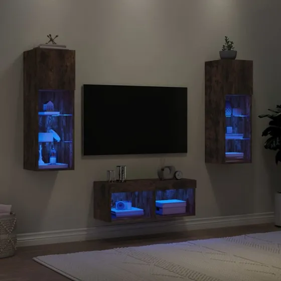 vidaXL Væg-TV-møbel med LED-lys, 4 dele, røget egetræ