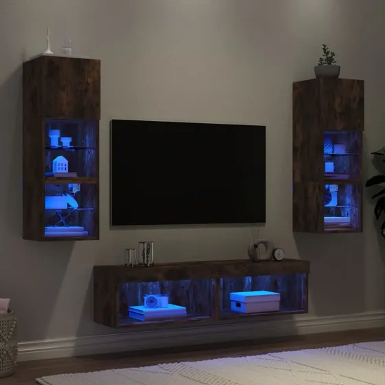 vidaXL Væg-TV-møbel 6 dele røget eg med RGB-LED