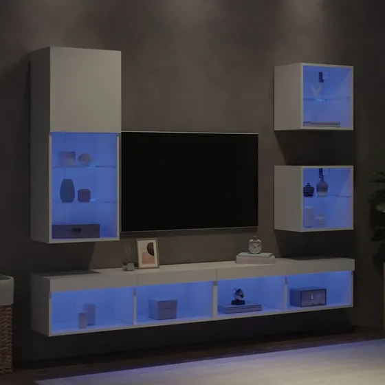 vidaXL Væg-TV-møbel 5 dele med LED-lys, hvid, konstrueret træ