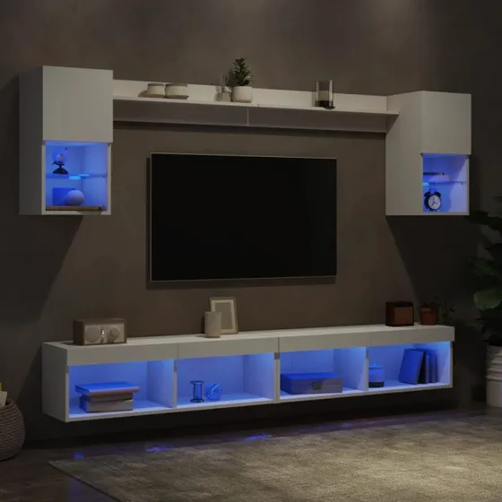 vidaXL TV-møbel til væg 6 dele hvid med LED-lys