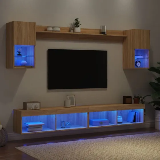 vidaXL Væg-TV-møbel 6 dele, Sonoma-eg, med RGB-LED