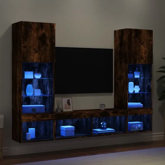vidaXL tv-møbel til væg 5 dele røget eg træ med LED-lys