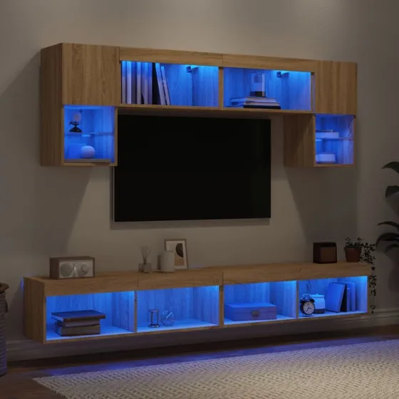 vidaXL Tv-møbel til væg 6 dele, Sonoma-eg, med LED-lys