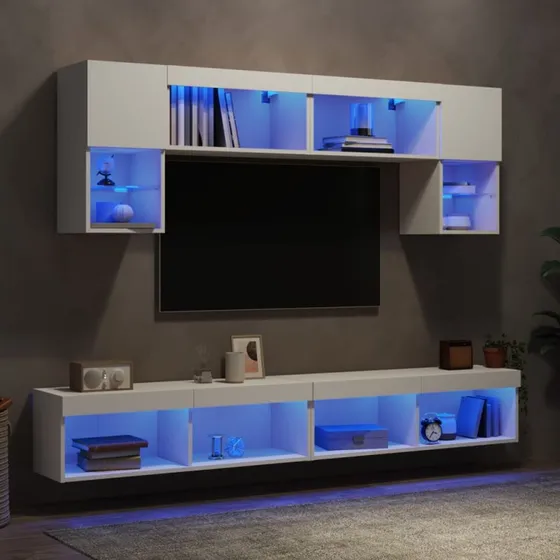 vidaXL tv-møbel til væg 6 dele hvid med LED-lys
