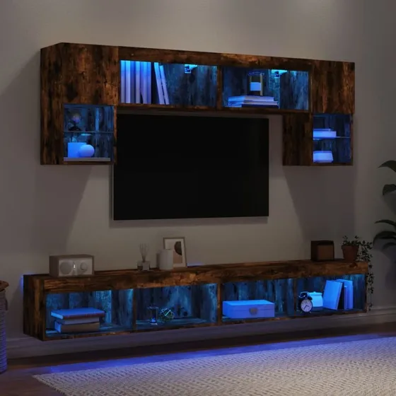 vidaXL Væg-TV-møbel 6 dele røget eg med LED-lys