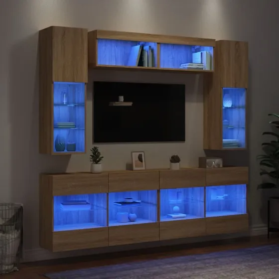 vidaXL Væghængt TV-møbel 6 dele med LED-lys Sonoma-eg
