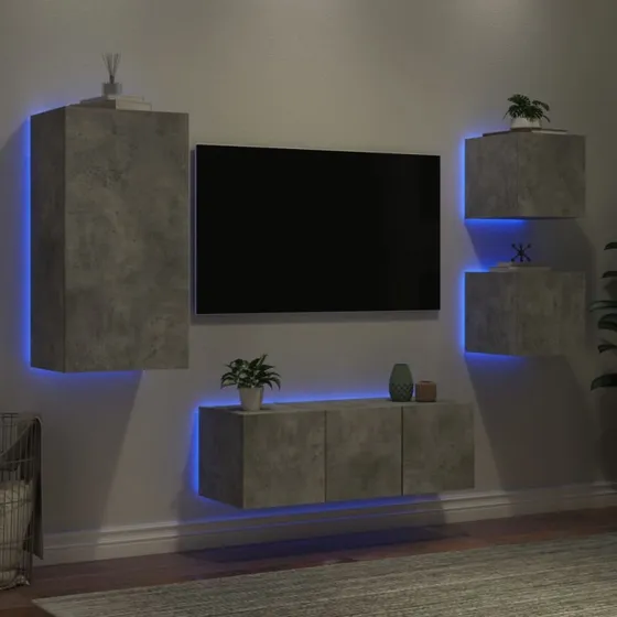 vidaXL Væg-TV-møbel 5 dele, konstrueret træ, betongrå med RGB-LED