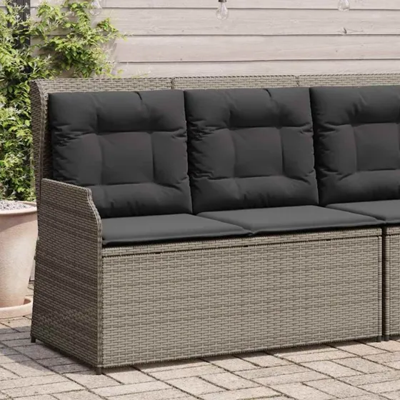 vidaXL havebænk med hynder og lænefunktion, polyrattan grå