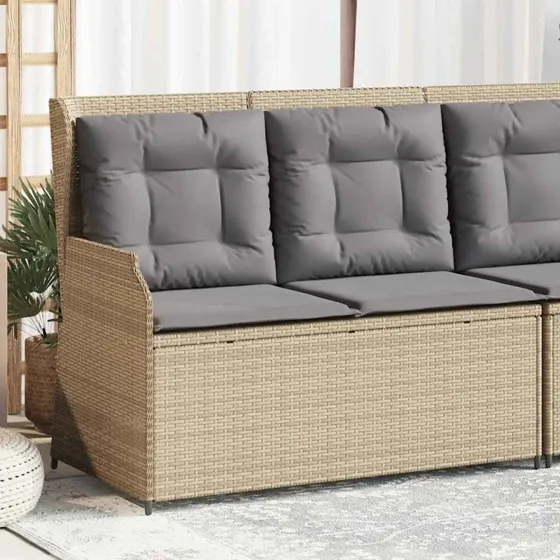 vidaXL havebænk med hynder og lænefunktion, polyrattan beige