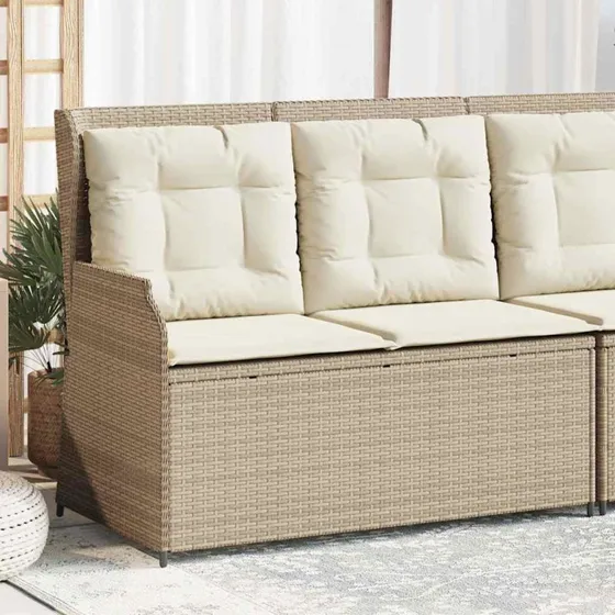 vidaXL Havebænk med hynder og lænefunktion, polyrattan beige