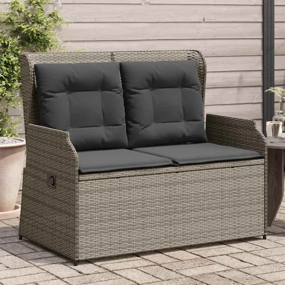 vidaXL havebænk med hynder og lænefunktion i polyrattan grå