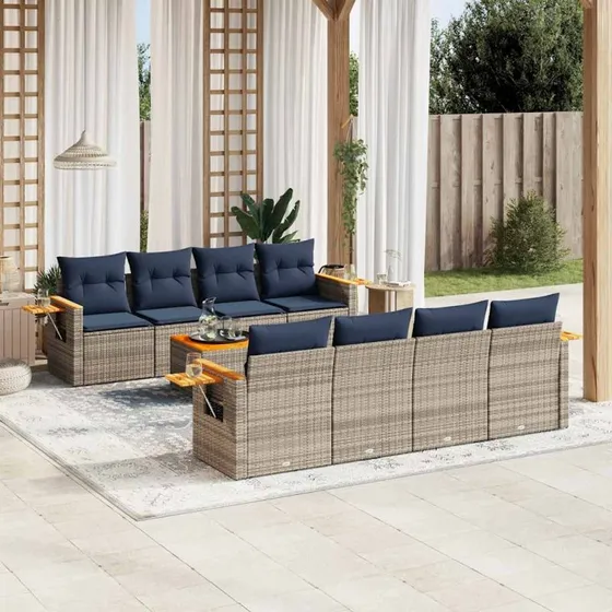 vidaXL 9-delt havesofasæt med hynder i polyrattan grå