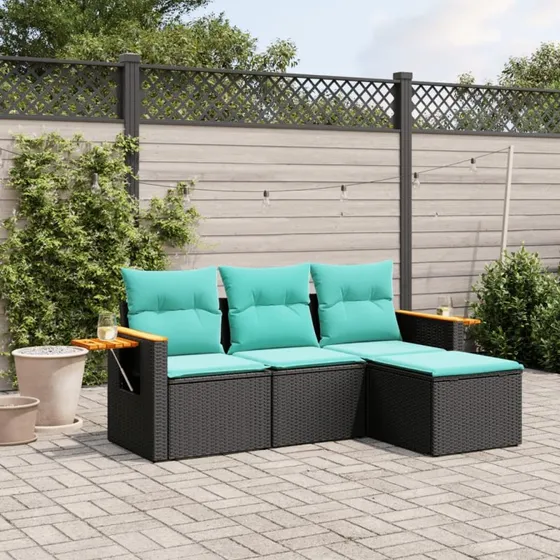vidaXL 4-deles sofasæt med hynder, polyrattan sort