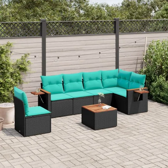vidaXL 7-deligt havesofasæt med hynder i sort polyrattan