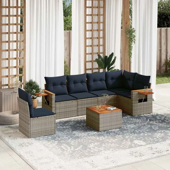 vidaXL 7-deligt havesofasæt med hynder i grå polyrattan