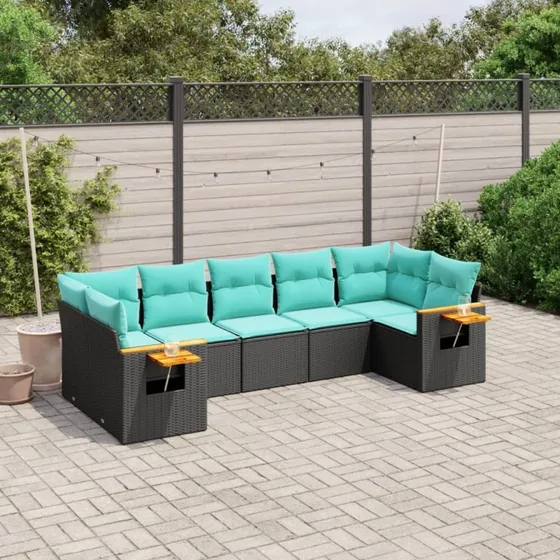 vidaXL 7-deles sofasæt med hynder, polyrattan, sort