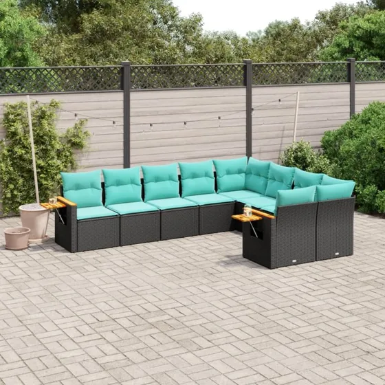 vidaXL 9-delssofasæt med hynder i polyrattan, sort