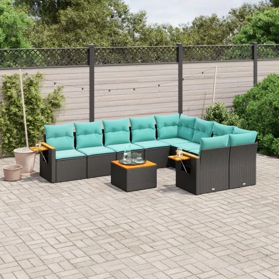 vidaXL 10-delssofasæt med hynder i polyrattan, sort