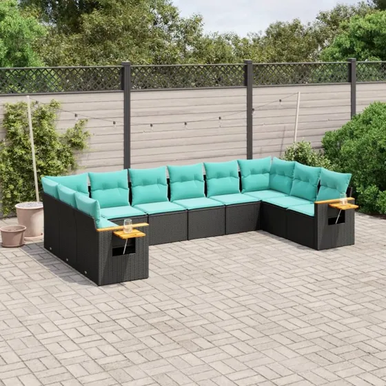vidaXL 10-delssofasæt med hynder i sort polyrattan