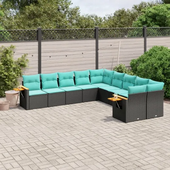 vidaXL 10-delssofasæt med hynder i sort polyrattan