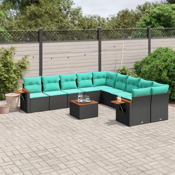 vidaXL 11-delssofasæt med hynder, polyrattan, sort