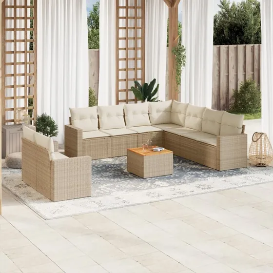 vidaXL 10-deligt havesofasæt med hynder i polyrattan beige