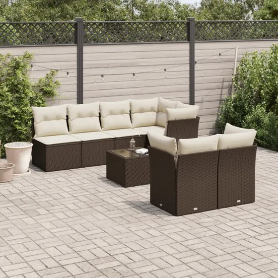 vidaXL 8-deles polyrattan sofasæt med hynder, brun