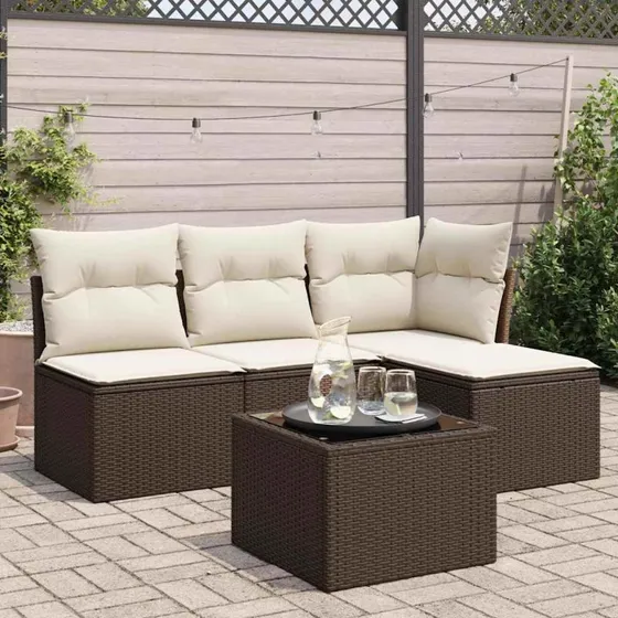 vidaXL 5-delssofasæt med hynder i polyrattan brun