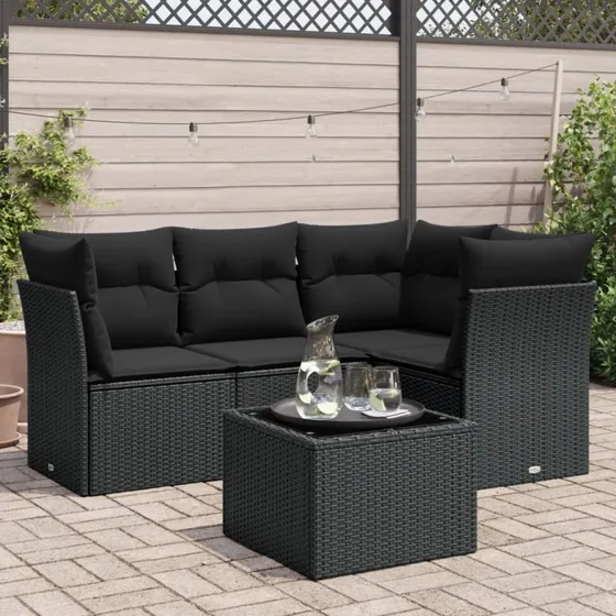 vidaXL 5-deles sofasæt med hynder i polyrattan, sort