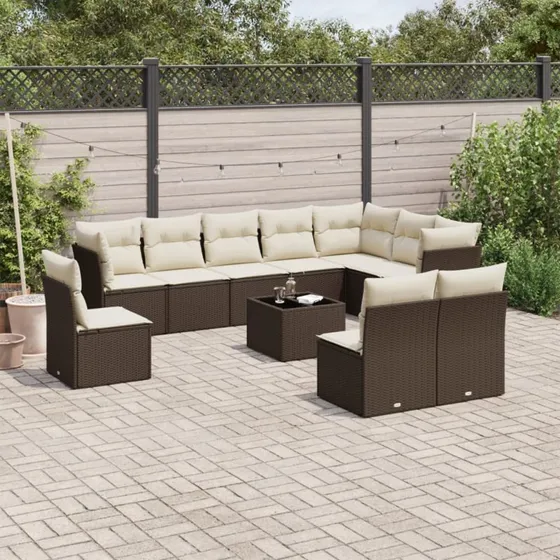 vidaXL 11-delssæt polyrattan brun med hynder