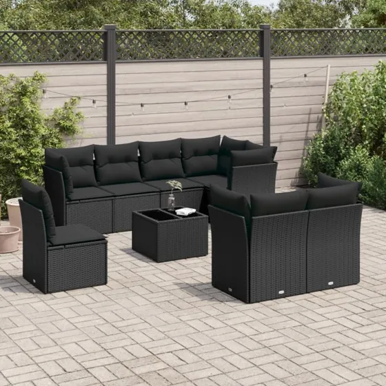 vidaXL 9-delssofasæt med hynder polyrattan sort