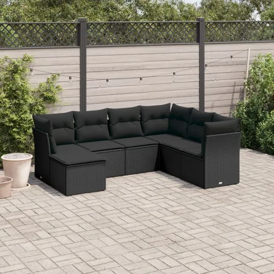 vidaXL 7-deles havesofasæt med hynder, polyrattan, sort