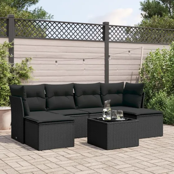 vidaXL 7-deles sofasæt med hynder polyrattan sort