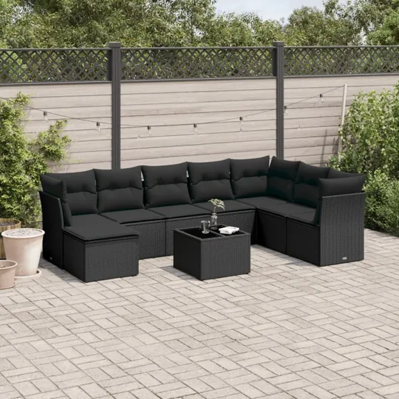 vidaXL 9-delssofasæt med hynder i polyrattan, sort