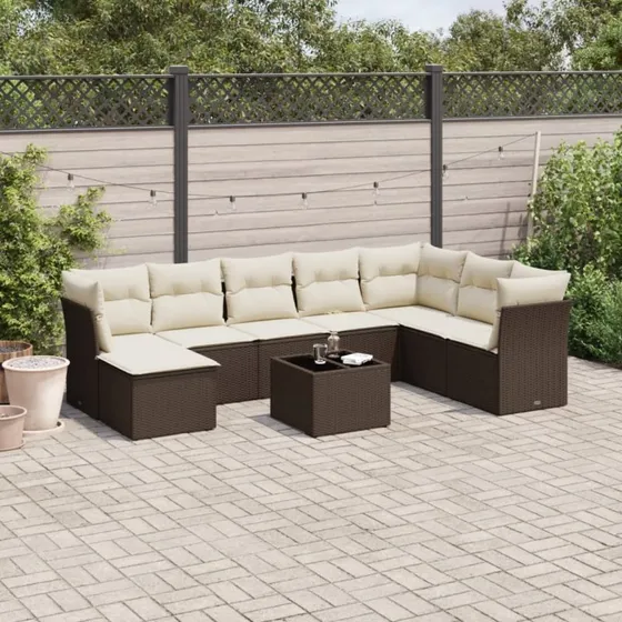 vidaXL 9-delssofasæt med hynder i polyrattan brun
