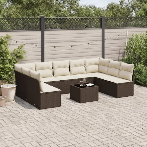 vidaXL 10-delssofasæt med hynder i polyrattan brun