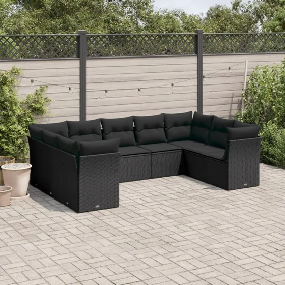 vidaXL 9-delssofasæt med hynder i polyrattan, sort