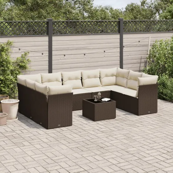 vidaXL 10-delssofasæt med hynder i polyrattan brun