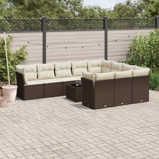 vidaXL 11-delssæt med hynder i polyrattan brun