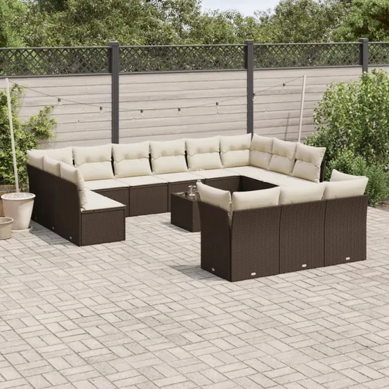 vidaXL 14-delssofasæt med hynder i polyrattan brun